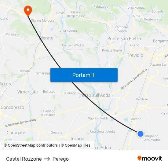 Castel Rozzone to Perego map