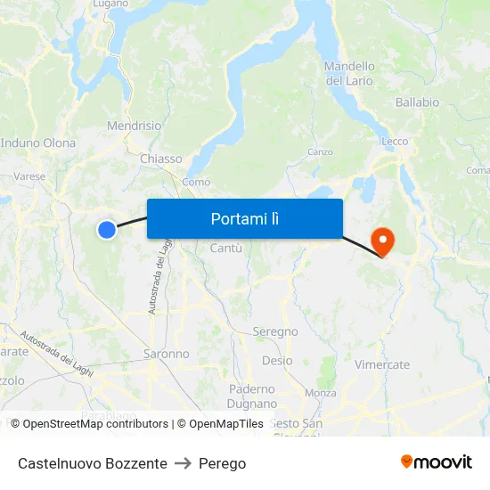 Castelnuovo Bozzente to Perego map