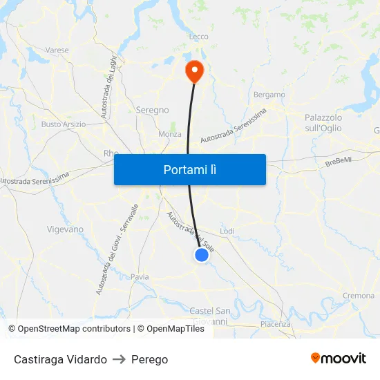 Castiraga Vidardo to Perego map