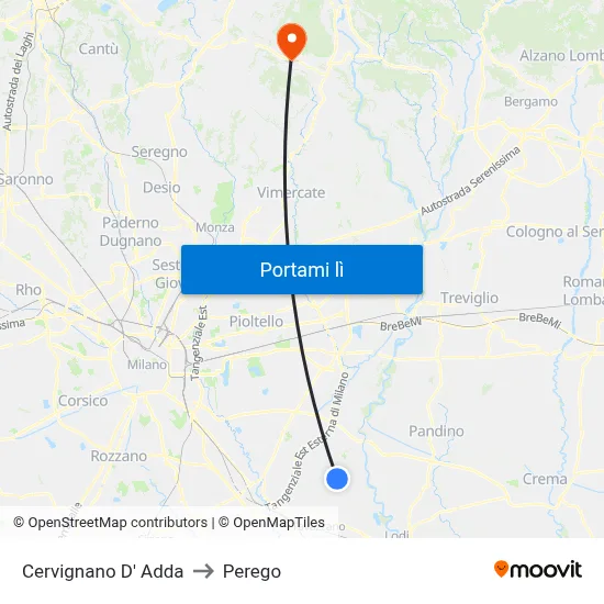 Cervignano D' Adda to Perego map