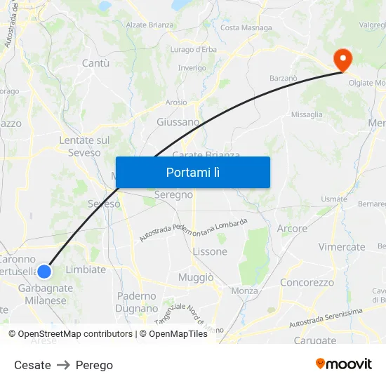 Cesate to Perego map