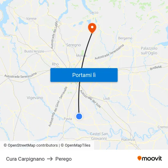 Cura Carpignano to Perego map