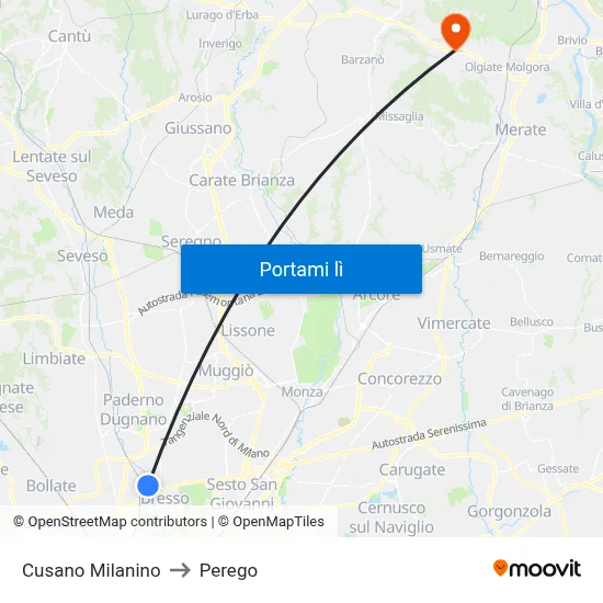 Cusano Milanino to Perego map