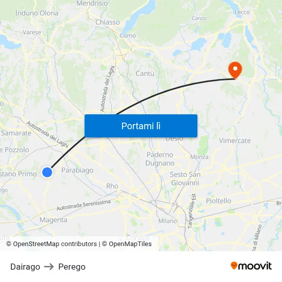 Dairago to Perego map