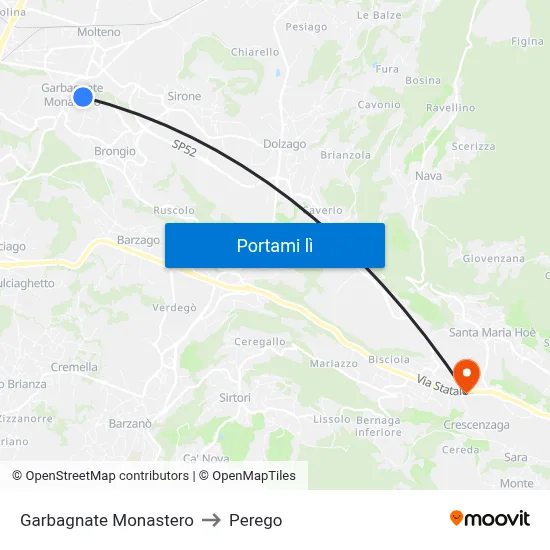 Garbagnate Monastero to Perego map