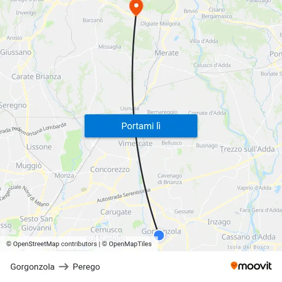 Gorgonzola to Perego map