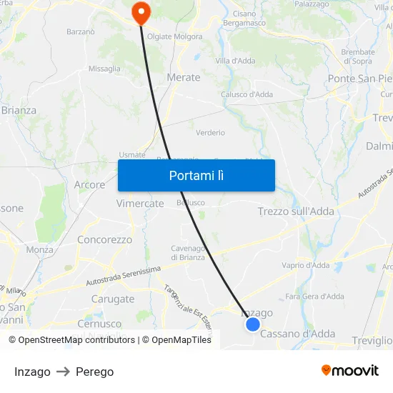 Inzago to Perego map