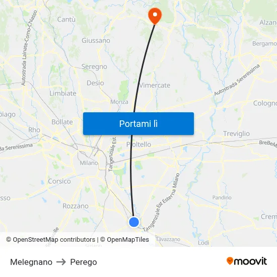 Melegnano to Perego map