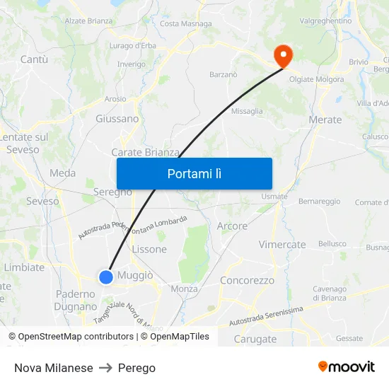 Nova Milanese to Perego map
