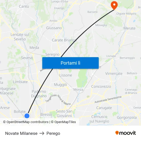 Novate Milanese to Perego map