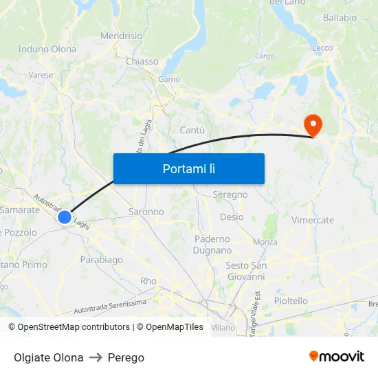 Olgiate Olona to Perego map