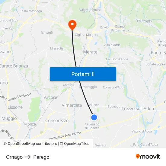 Ornago to Perego map