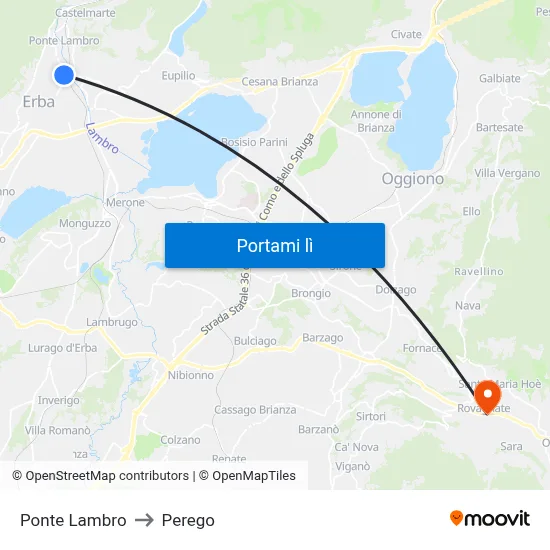 Ponte Lambro to Perego map