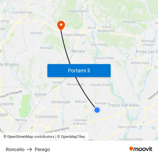 Roncello to Perego map