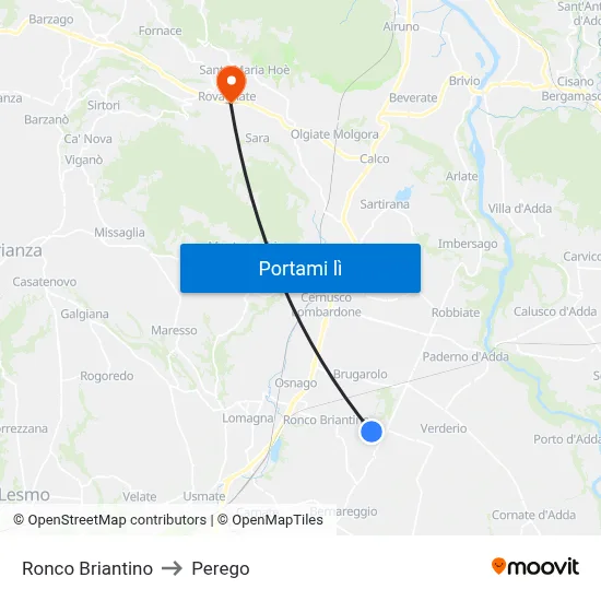 Ronco Briantino to Perego map