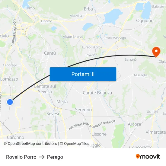 Rovello Porro to Perego map