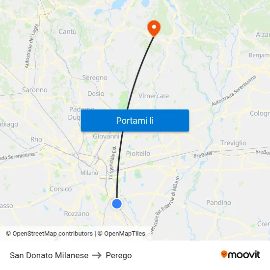 San Donato Milanese to Perego map