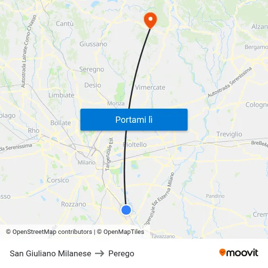 San Giuliano Milanese to Perego map