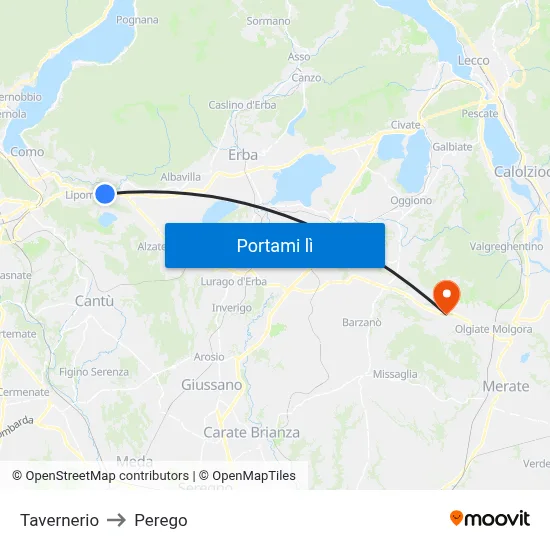 Tavernerio to Perego map