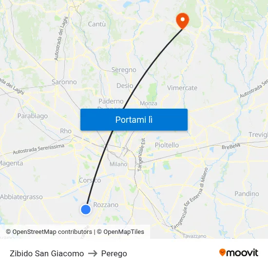 Zibido San Giacomo to Perego map
