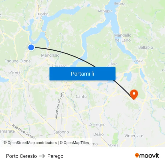 Porto Ceresio to Perego map