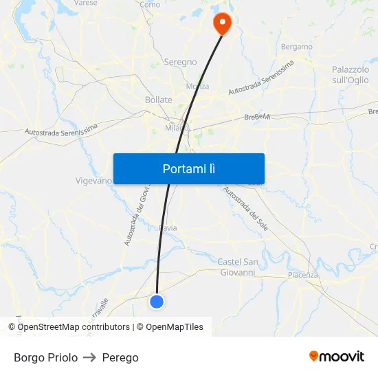 Borgo Priolo to Perego map
