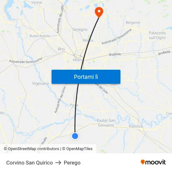 Corvino San Quirico to Perego map