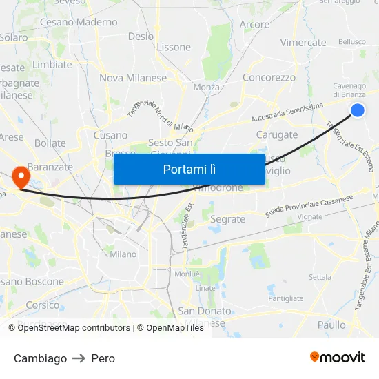 Cambiago to Pero map