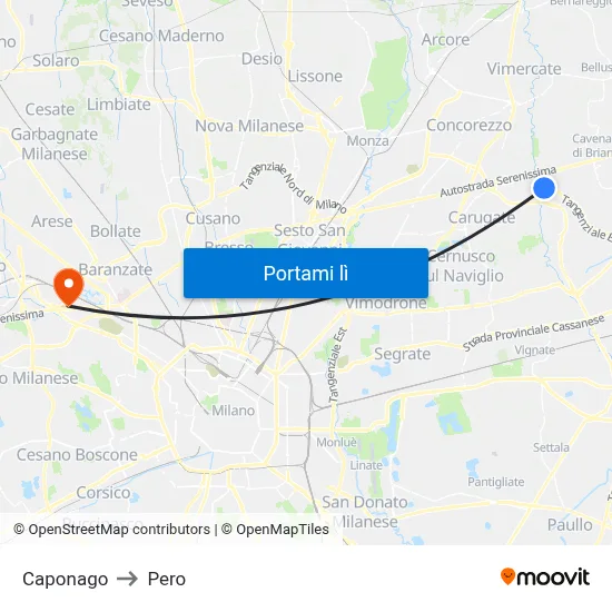 Caponago to Pero map