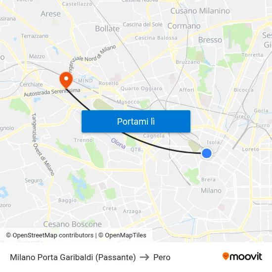Milano Porta Garibaldi (Passante) to Pero map