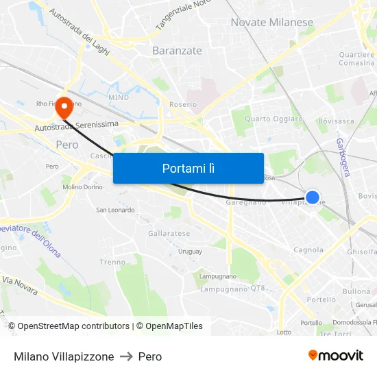 Milano Villapizzone to Pero map