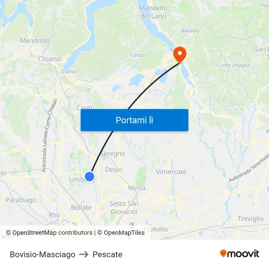 Bovisio-Masciago to Pescate map