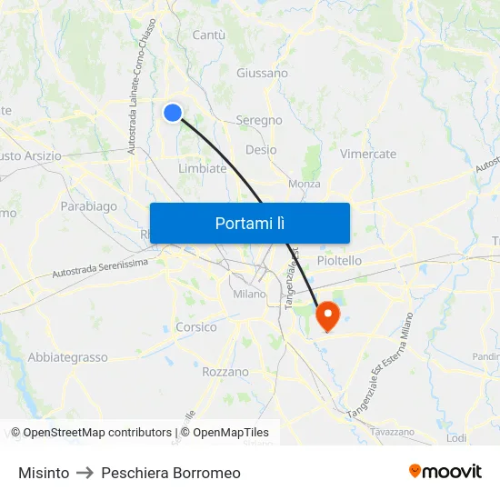 Misinto to Peschiera Borromeo map