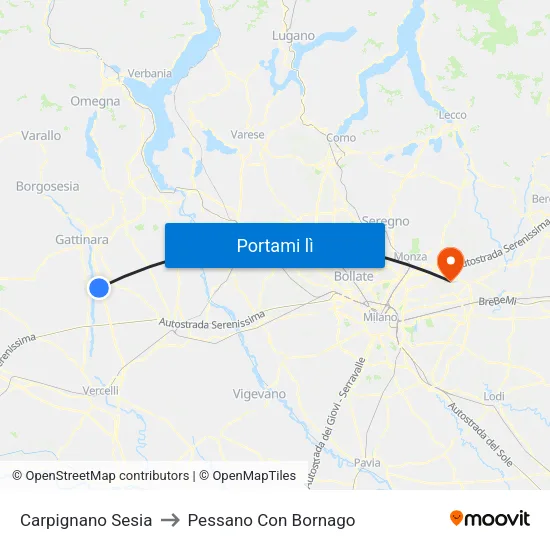 Carpignano Sesia to Pessano Con Bornago map
