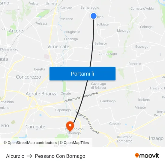 Aicurzio to Pessano Con Bornago map