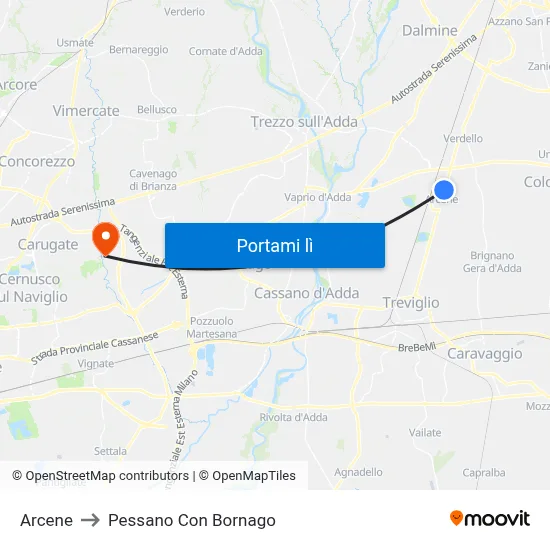 Arcene to Pessano Con Bornago map