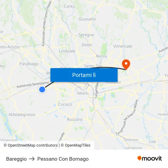 Bareggio to Pessano Con Bornago map