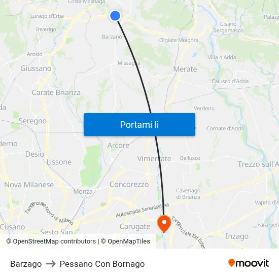 Barzago to Pessano Con Bornago map