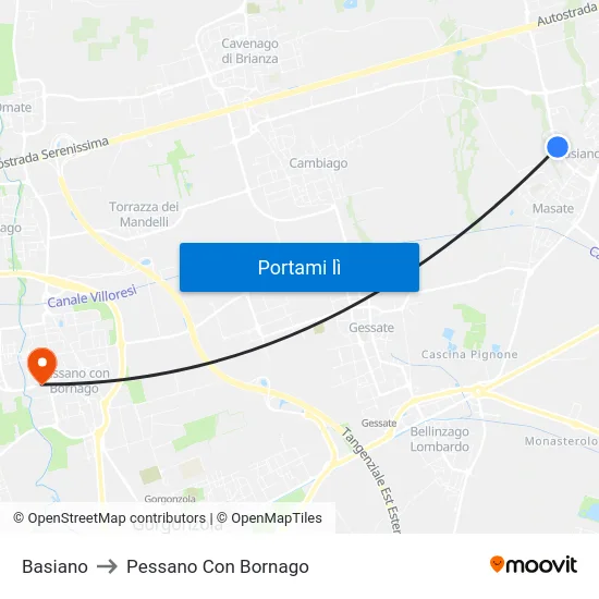 Basiano to Pessano Con Bornago map