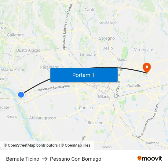 Bernate Ticino to Pessano Con Bornago map
