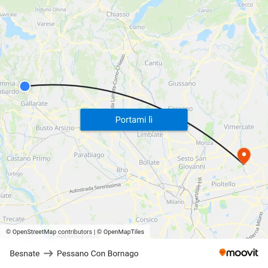 Besnate to Pessano Con Bornago map