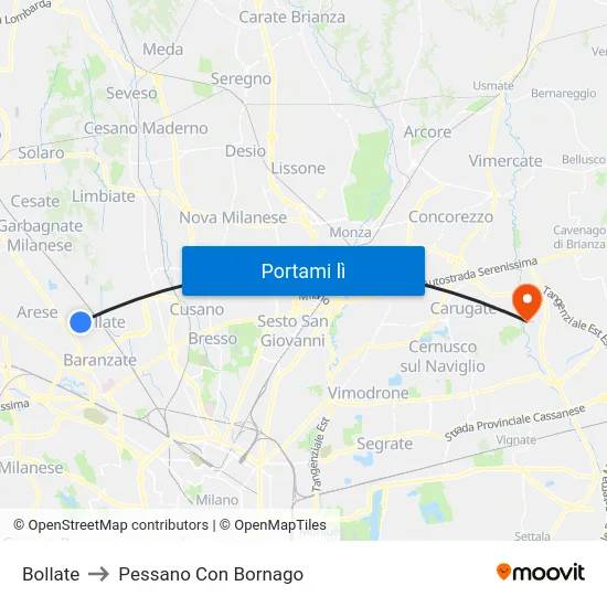 Bollate to Pessano Con Bornago map