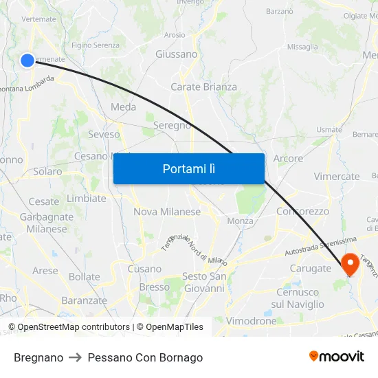Bregnano to Pessano Con Bornago map