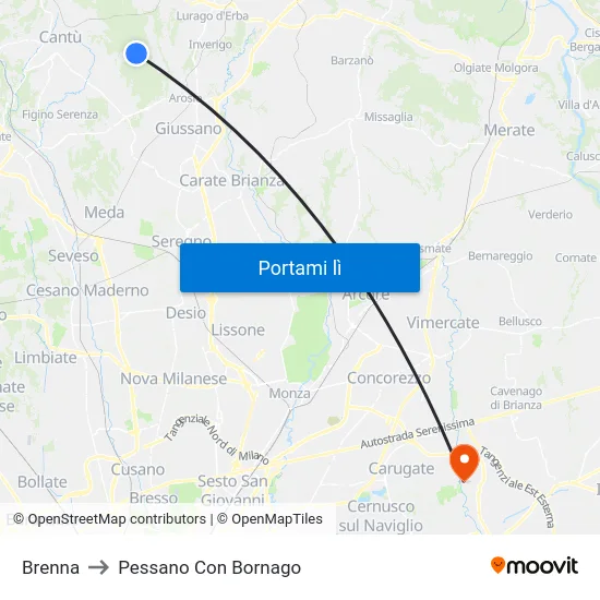 Brenna to Pessano Con Bornago map