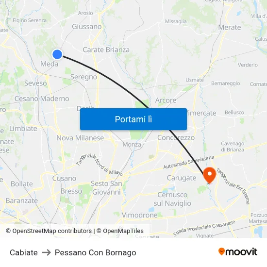 Cabiate to Pessano Con Bornago map