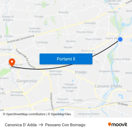Canonica D' Adda to Pessano Con Bornago map