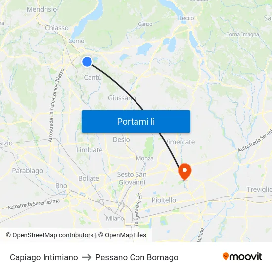 Capiago Intimiano to Pessano Con Bornago map