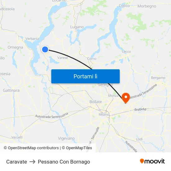 Caravate to Pessano Con Bornago map