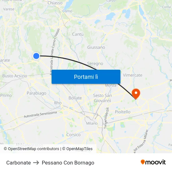 Carbonate to Pessano Con Bornago map