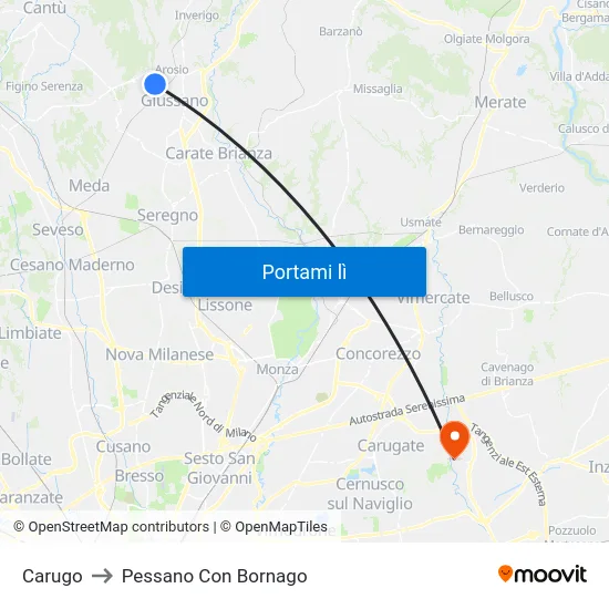 Carugo to Pessano Con Bornago map